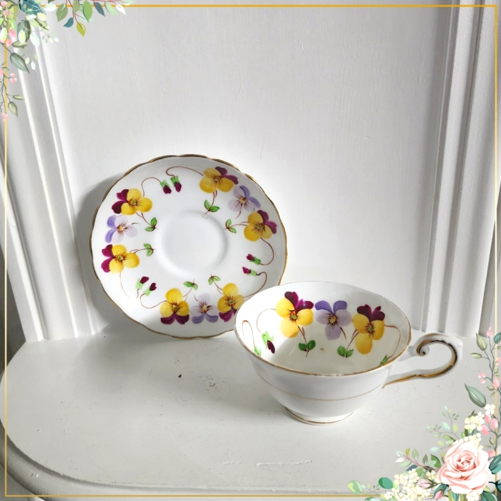 Hand Painted Tuscan Yellow and Purple Pansies Tea Cup & Saucer Set with Gold